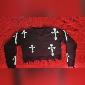 Black and White V-Neck Sweater with Cross Design